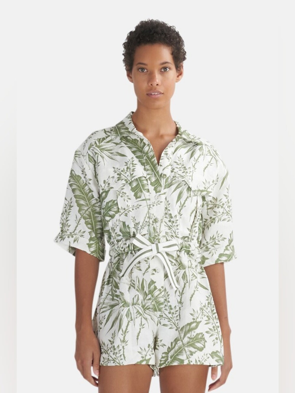 ZIMMERMANN Empire Khaki Palm Print Linen Utility Playsuit Size 0 US 4 S Org $595